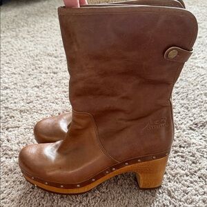 UGG Brown Leather Mid-Calf Heeled Clog Boots